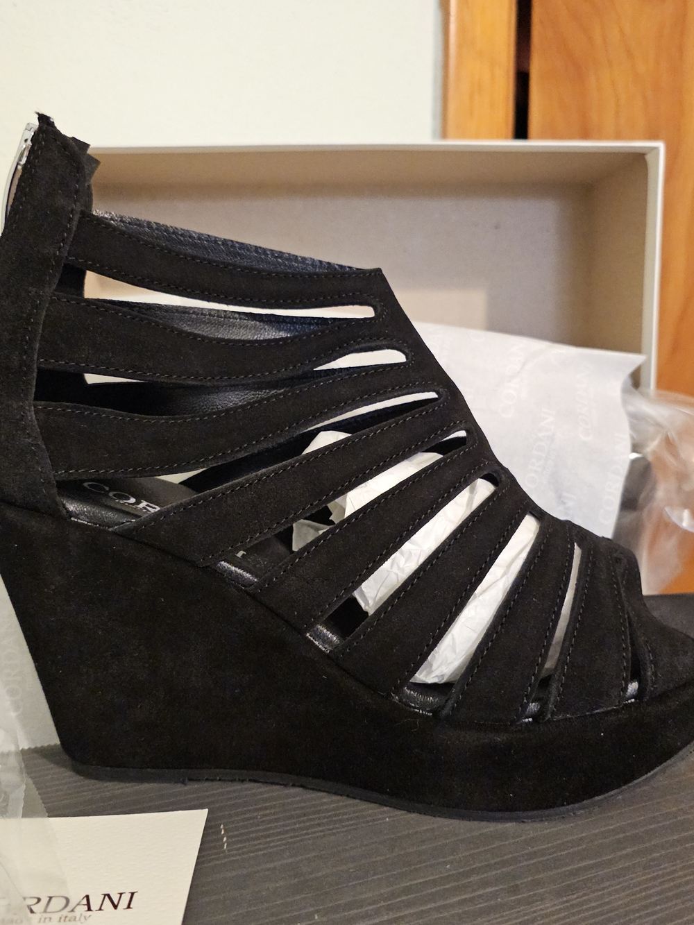 Cordani NWT | Black Suede Strappy Wedge Sandals